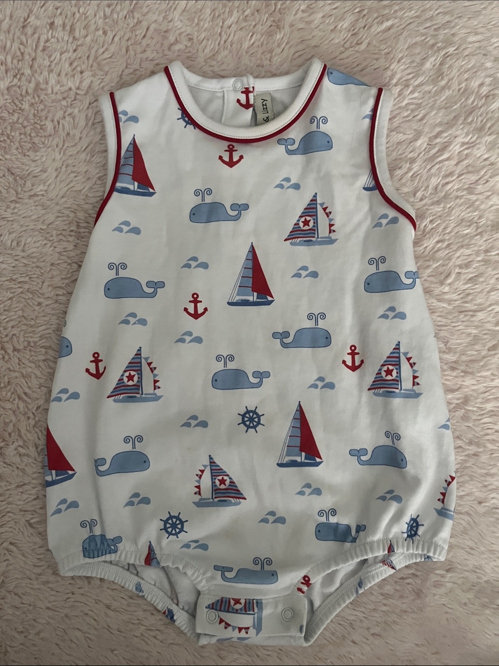 Marco & Lizzy Baby Nautical Sleeveless Pajama Romper White Blue & Red Sailboats